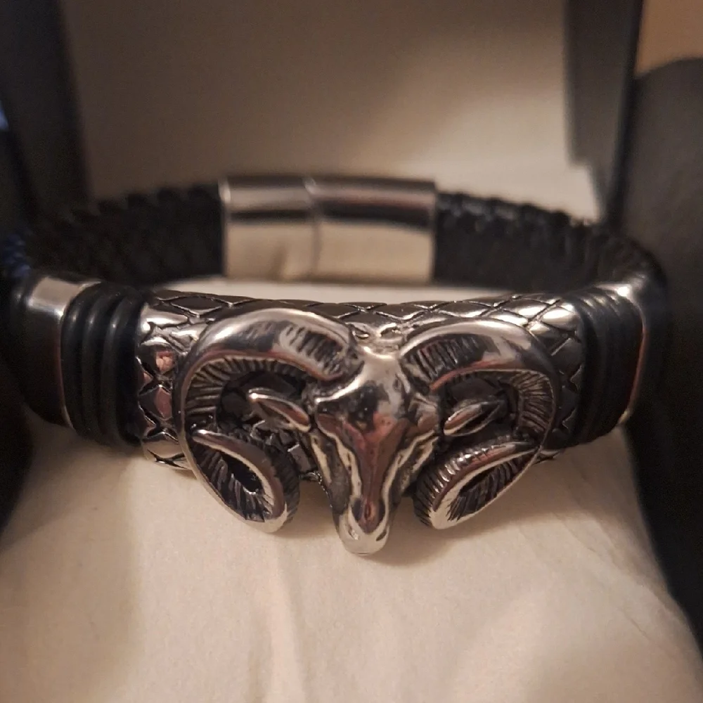 Men's Silver-toned Ram Head Cuff With Braided Leather Band Bracelet